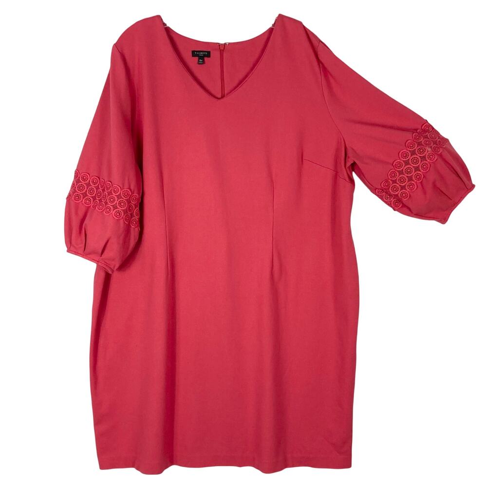NWOT TALBOTS Dress 18W Pink Crochet 3/4Balloon-Slv Knit-Stretch Midi-Knee Slit
